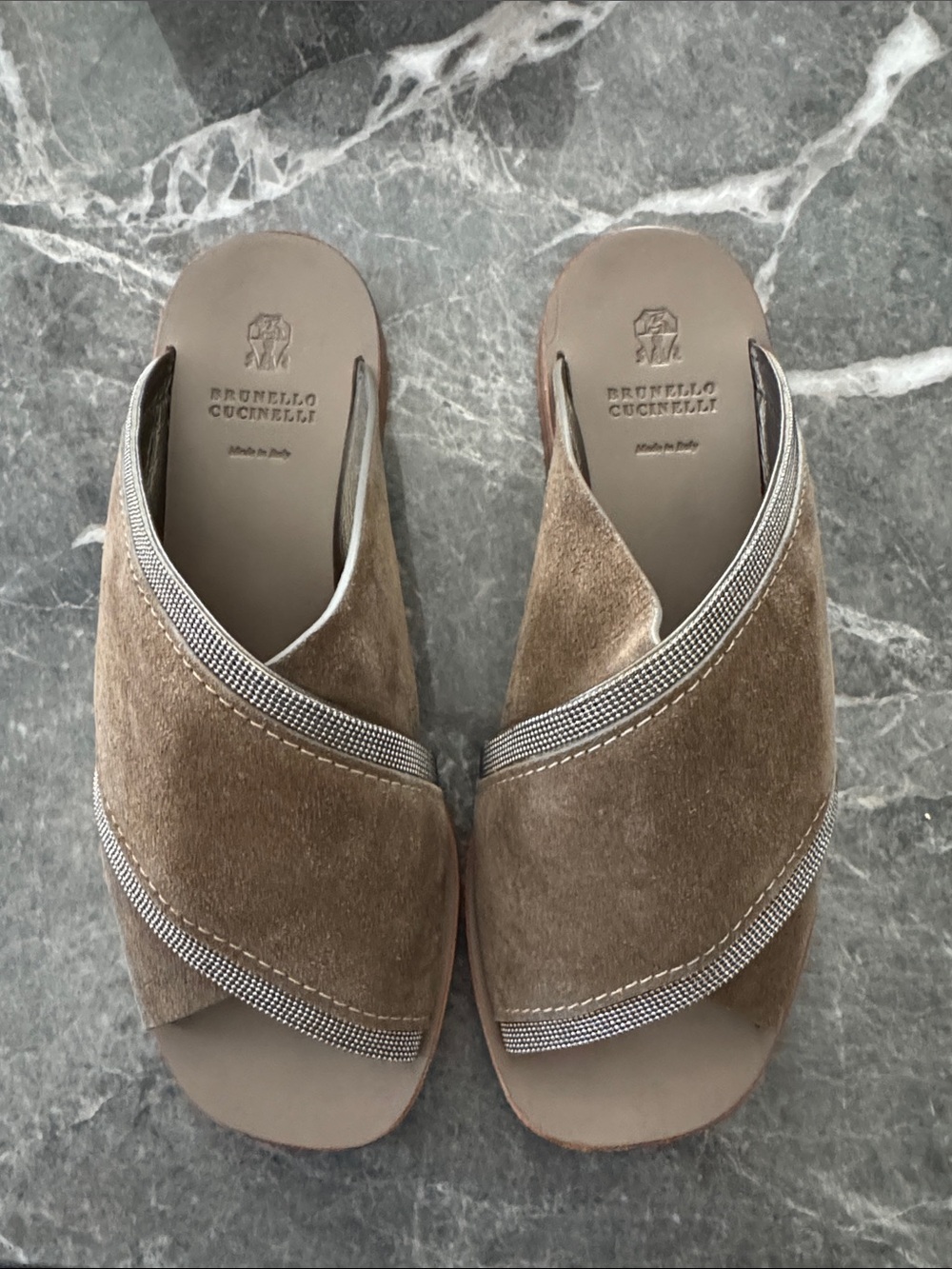 Brunello Cucinelli Brown Suede Cross-Over Slide Sandals